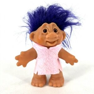 Vintage 1986 DAM Troll Purple Hair Doll 5" wearing Pink Shirt Dress Smiling NICE